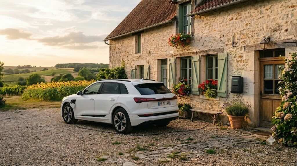 Voiture électrique en charge devant un gîte rural en pierre, borne de recharge murale installée par Pro Borne
