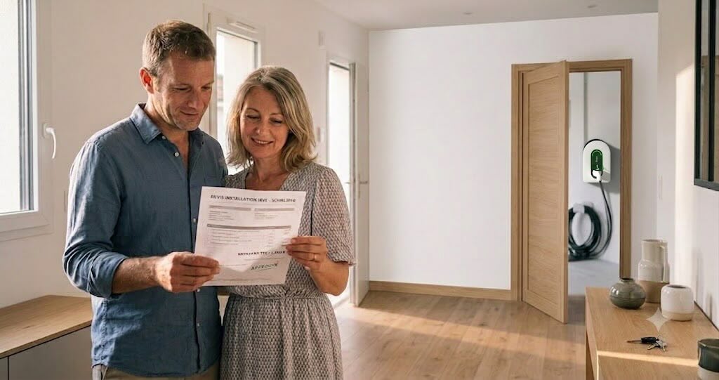 Couple consultant un devis d'installation de borne de recharge IRVE à domicile avec aides financières