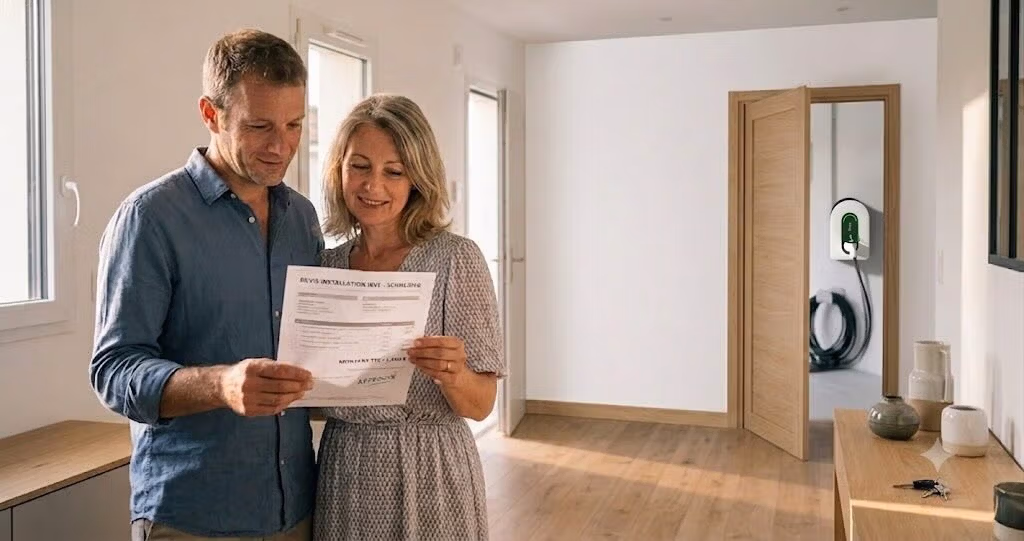 Couple consultant un devis d'installation de borne de recharge IRVE à domicile avec aides financières