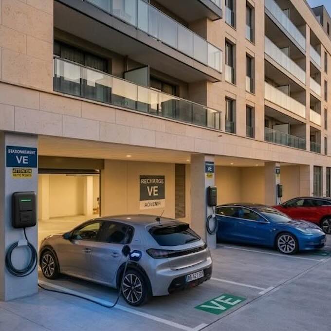 installation borne copro 1 Parking de copropriété équipé de bornes de recharge VE avec signalétique Advenir, installées par Pro Borne