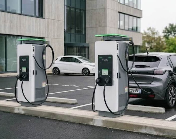 Deux bornes de recharge Schneider Electric sur un parking d'entreprise, installées par Pro Borne