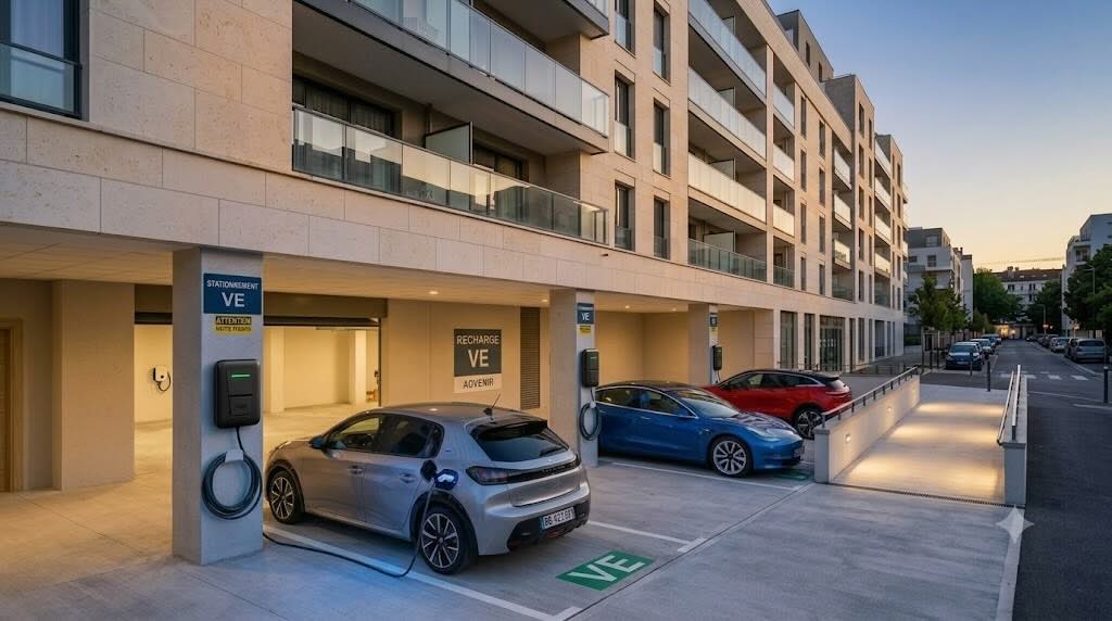 Parking de copropriété équipé de bornes de recharge VE avec signalétique Advenir, installées par Pro Borne