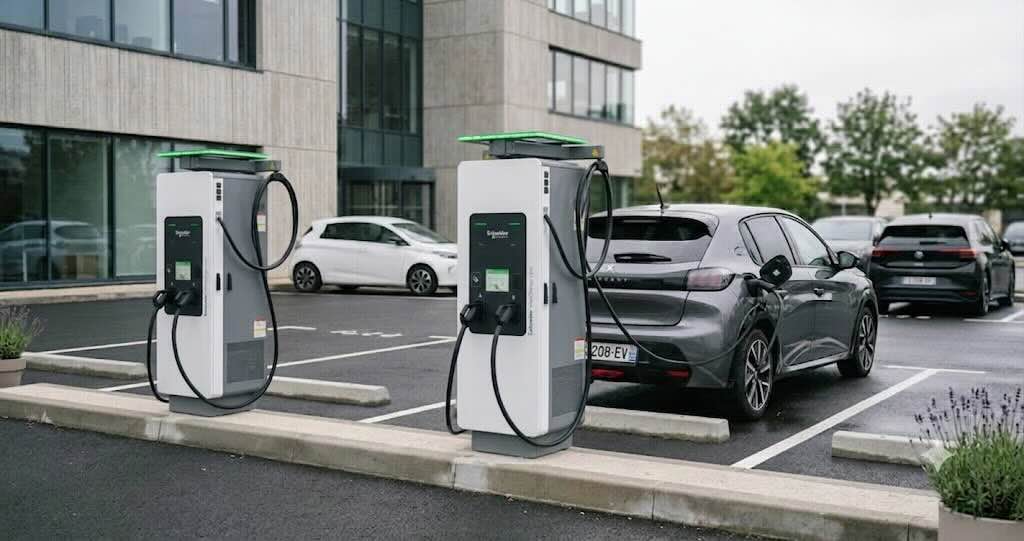 Deux bornes de recharge Schneider Electric sur un parking d'entreprise, installées par Pro Borne