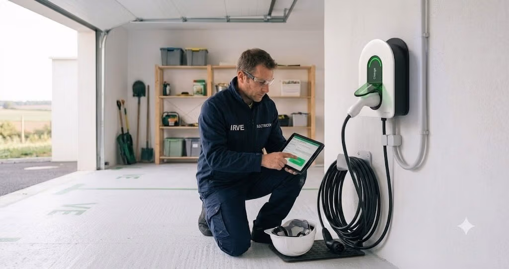 Technicien IRVE configurant une borne de recharge murale en garage après installation, tablette en main