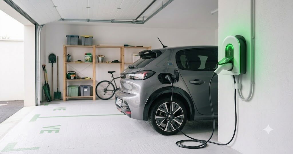 Peugeot 208 électrique en charge sur une borne murale en garage particulier — guide pour choisir sa borne en 2026